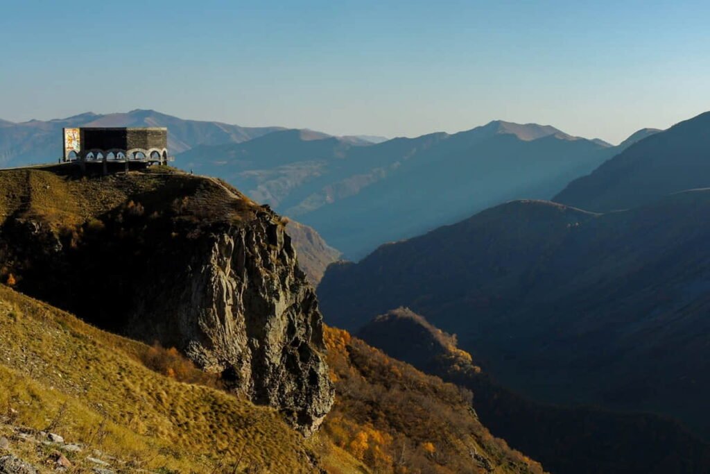 Gudauri Panorama Friendship Monument overlooking the Caucasus Mountains