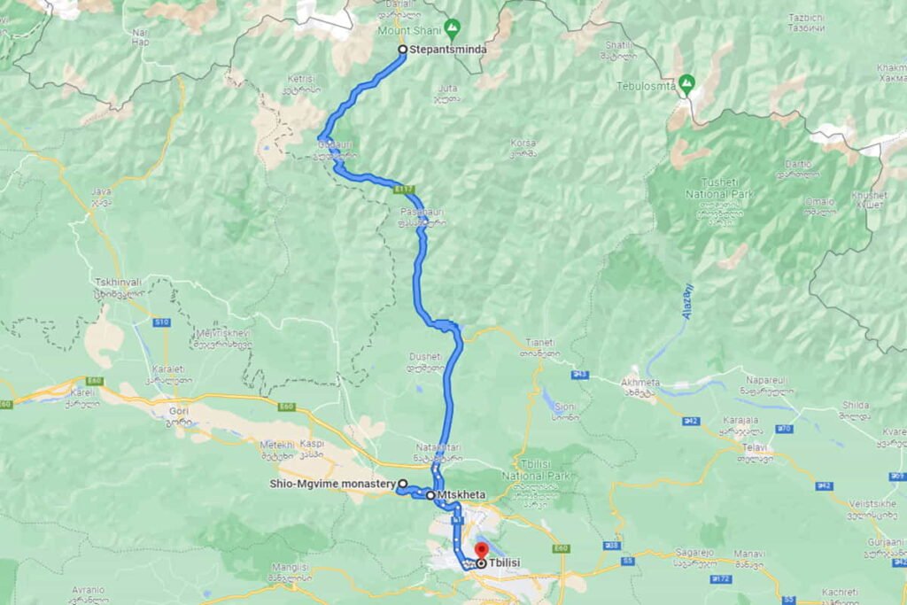 Карта маршрута от аэропорта Тбилиси до Гудаури