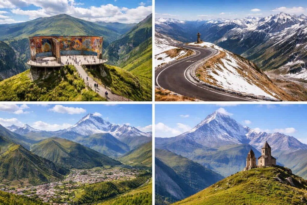 Gudauri Panorama, Jvari Pass, Stepantsminda and Gergeti Trinity Church in Georgia