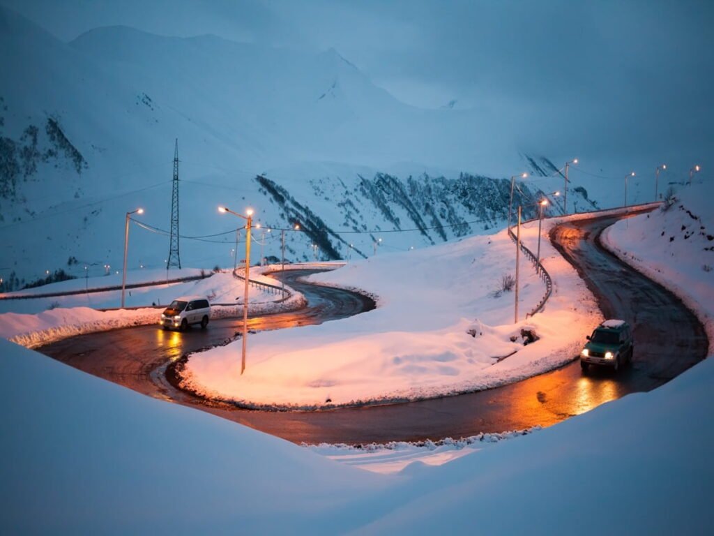 Road from Gudauri to Tbilisi on the Georgian Military Highway in winter