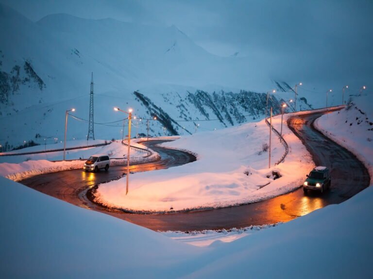 Road from Gudauri to Tbilisi on the Georgian Military Highway in winter