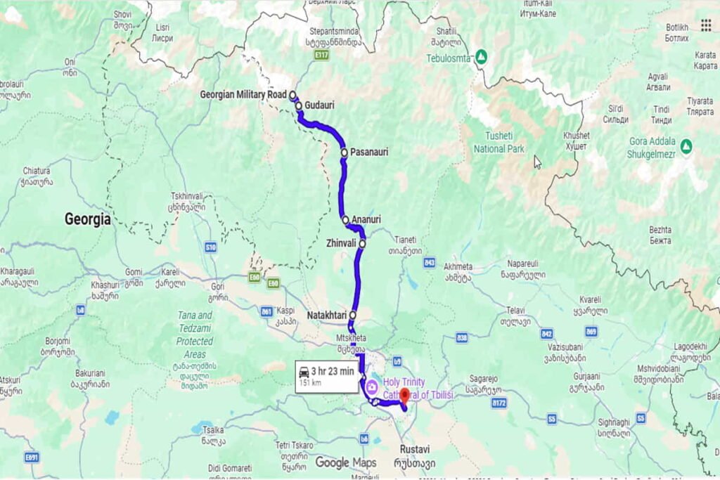 Map showing the route from Tbilisi Airport to Gudauri via Georgian Military Highway