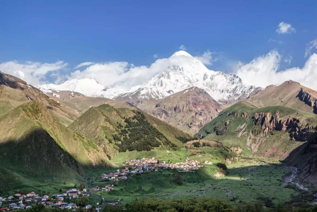 Panoramic view of the town of Stepantsminda, Georgia