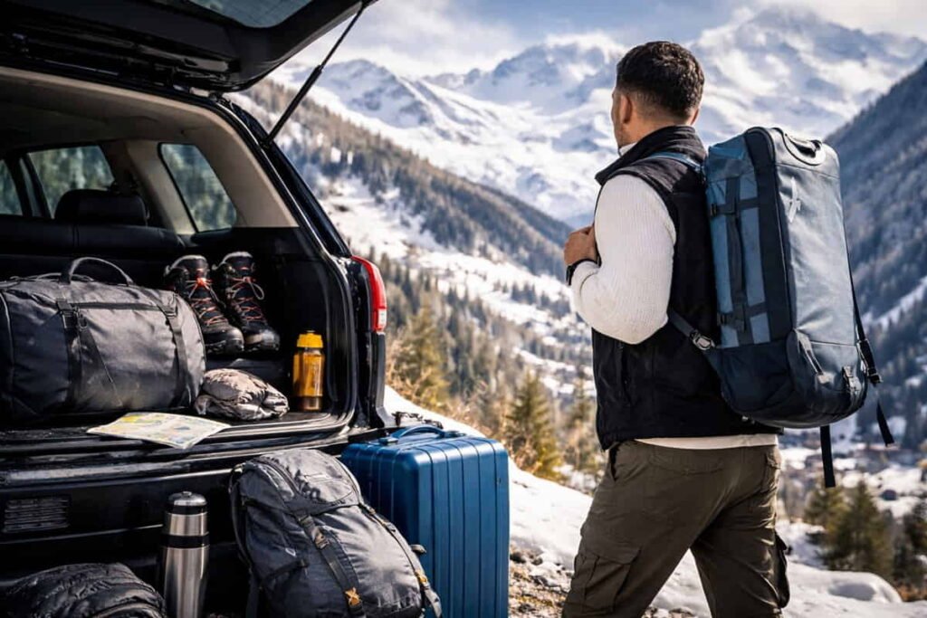 Traveler with backpack preparing for a trip to Gudauri in the Caucasus Mountains