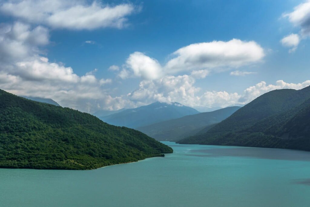 Zhinvali Reservoir landscape on the Georgian Military Highway
